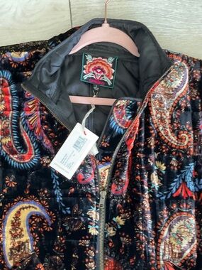 Johnny Was Black Velvet Paisley Zip Jacket with Red, Blue and Cream Accents